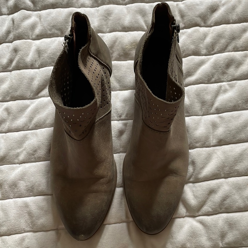 Tan/grey booties, leather with a hole pattern along the ankle